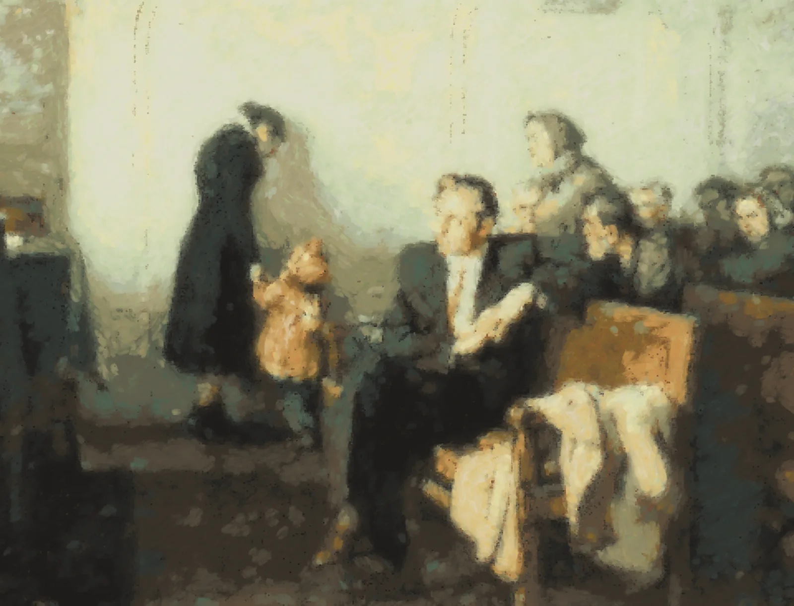 Oil study: a courtroom waiting room, a man in a dark suit on a wooden bench looking aside, a woman in a dark coat leading a small child, onlookers behind