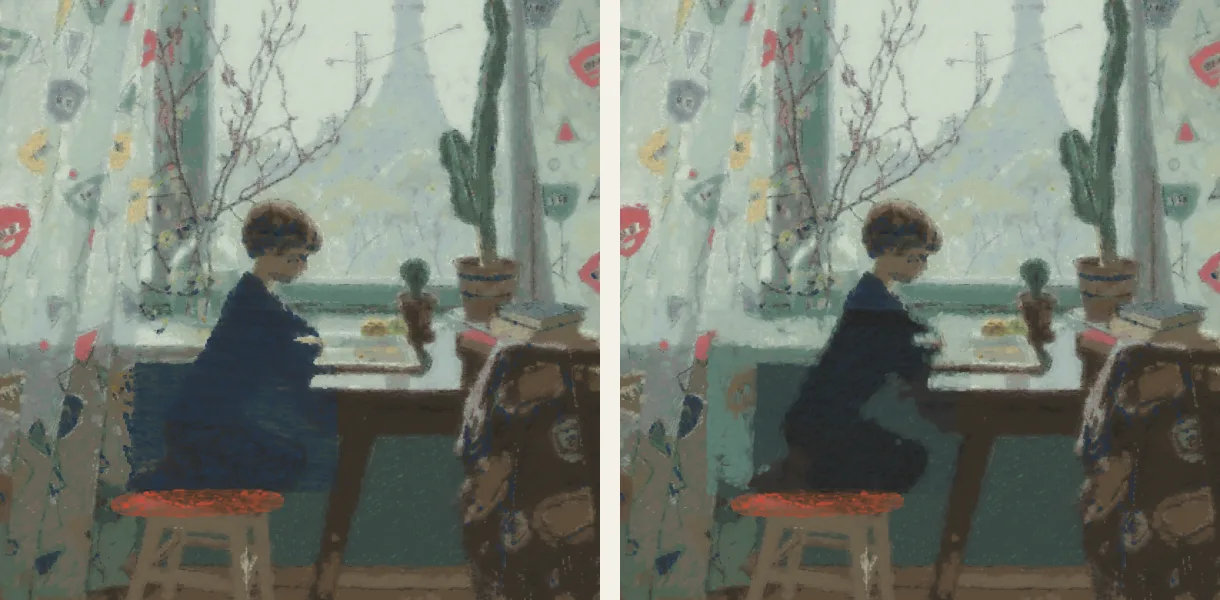 Left: a navy block painted over the wall by mistake. Right: the same area repainted, the kneeling boy back against the green wall