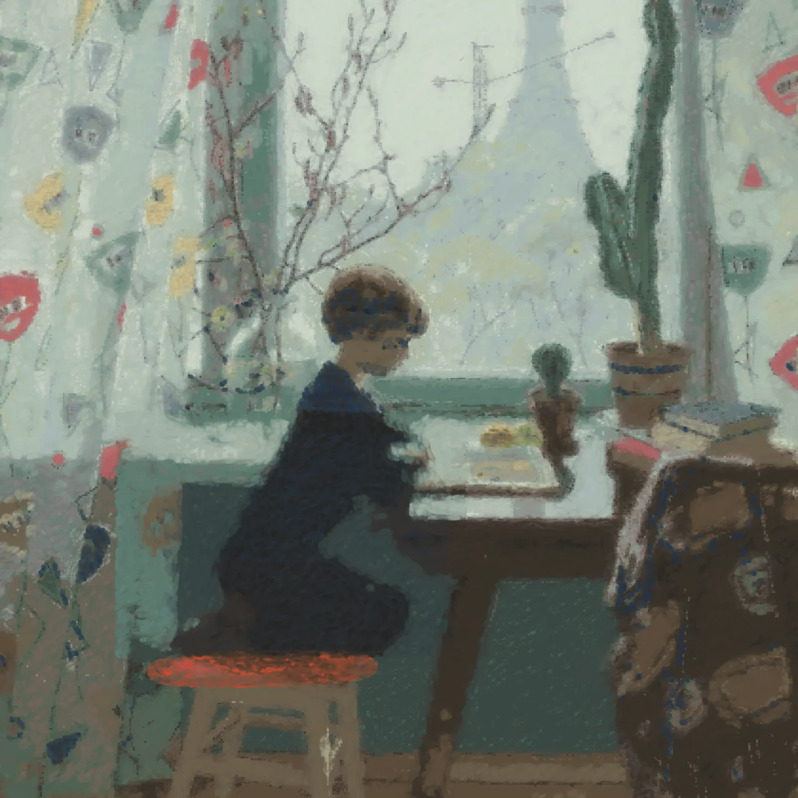 Oil study: a boy in dark navy kneels on a red stool reading at a table by a bright window, with budding branches in a jar, a tall cactus and patterned curtains, and a hazy city with a TV tower outside