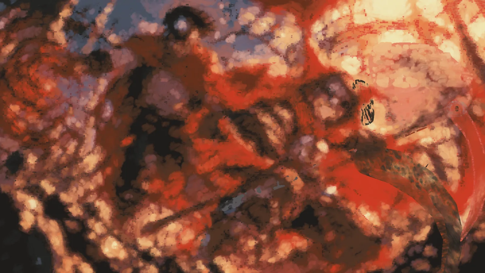 Layer one: Jefrie lunging with her scythe in front of BloodTailor's blood vortex, muddy and hard to read