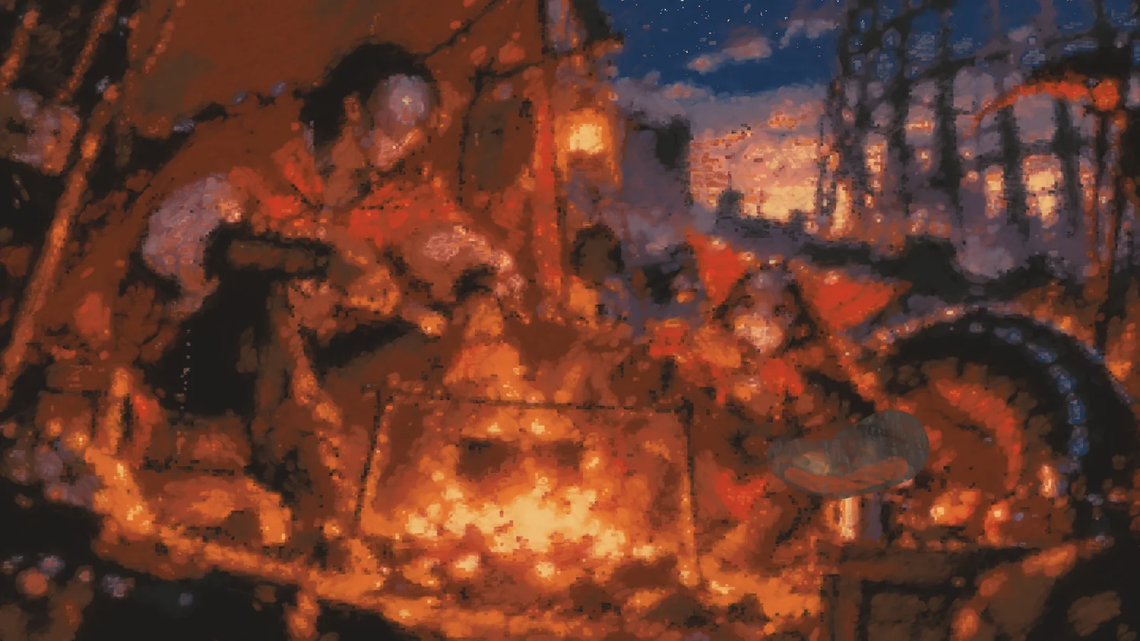 Layer three: BloodTailor and Jefrie at a campfire under the iron dome at dusk
