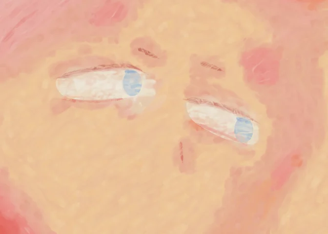 Close-up of the face at full resolution: brush marks, lid lines, blue irises