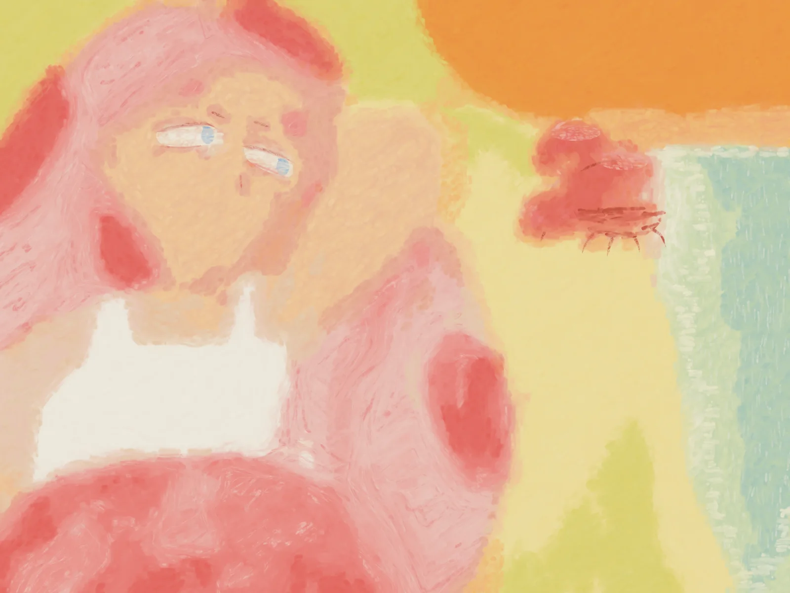An oil painting of a pink-haired girl with red strawberry spots in her hair, lying back on a pastel beach with an orange sun, yellow sand, turquoise water and a small red crab