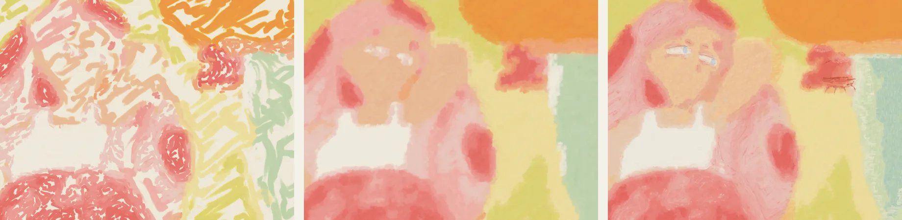Three stages: sparse scribbled block-in, covered masses, then the face and crab restated