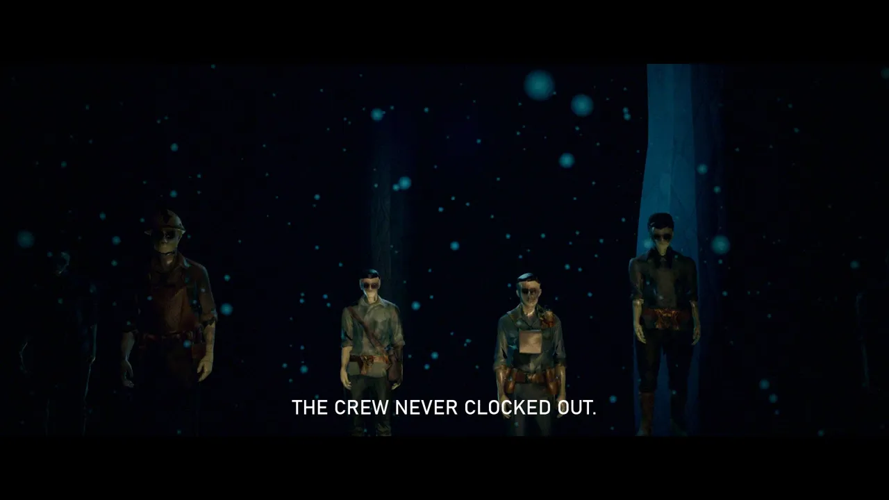 Six drowned crewmen standing in a line in the dark Cathedral