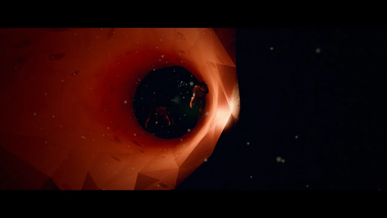 A red-lit tunnel with Drowned chasing up it