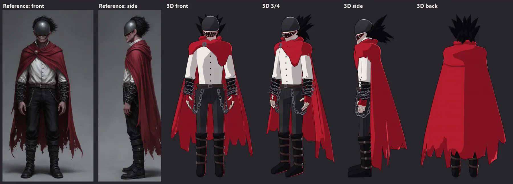 BloodTailor's finished toon-shaded model from front, three-quarter, side and back, next to his reference sheet