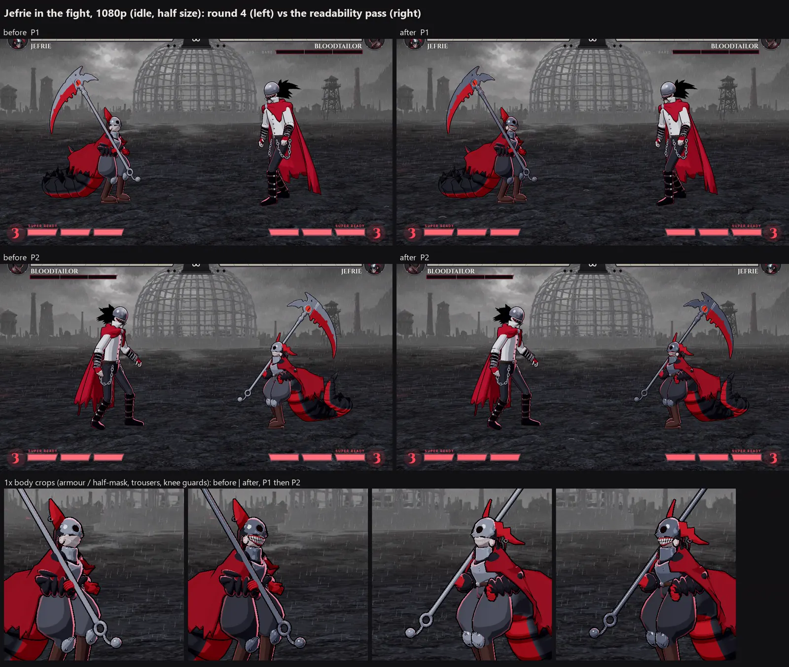 Jefrie in the fight at 1080p before and after the readability pass, as player 1 and player 2, with body close-ups