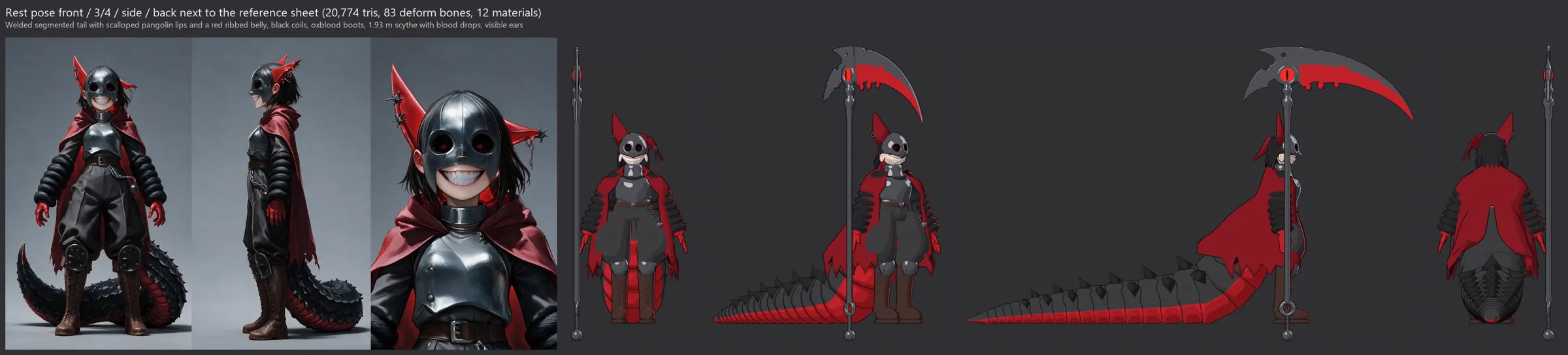 Jefrie's model in rest pose from four sides with her scythe, next to her reference sheet
