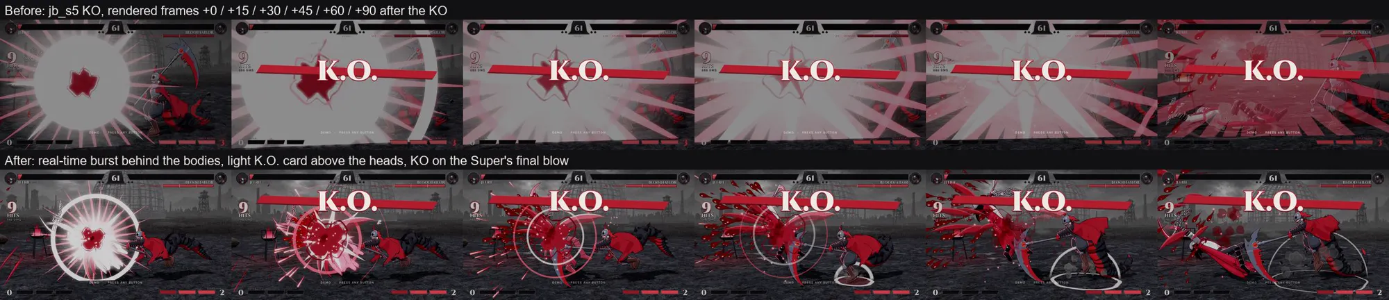 Six frames after a K.O. where a white burst covers the whole screen, and the same six frames after the fix where the fighters stay visible
