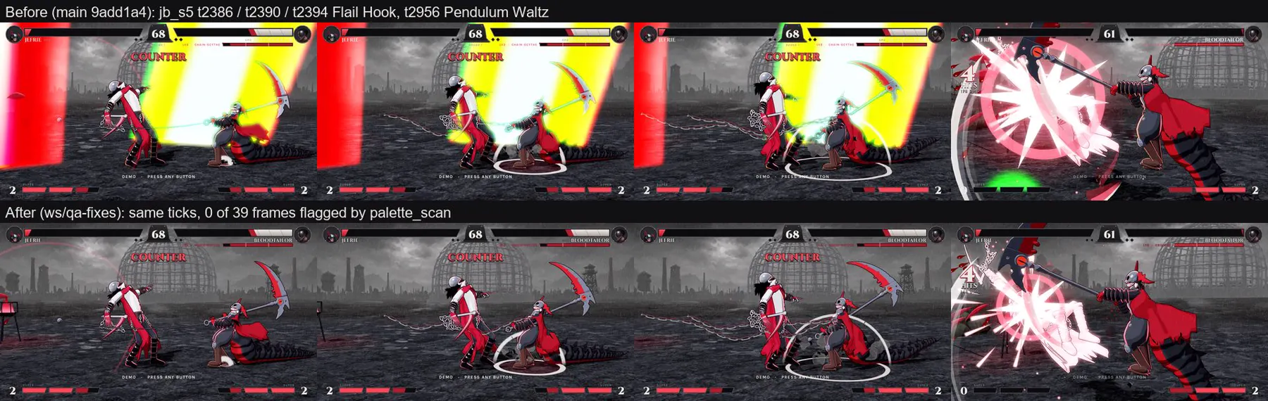 Four frames before the fix with yellow, white and green particle garbage over the fight, and the same four frames after