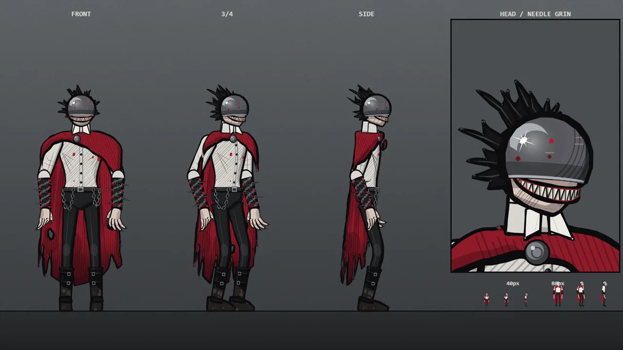 BloodTailor model sheet: iron dome helm, red cloak, barbed-wire forearms