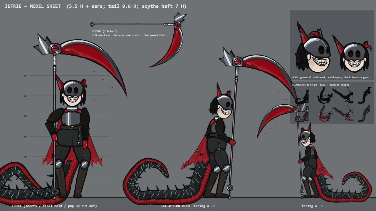 Jefrie model sheet: front and three-quarter views with the scythe, a head close-up and tail silhouettes