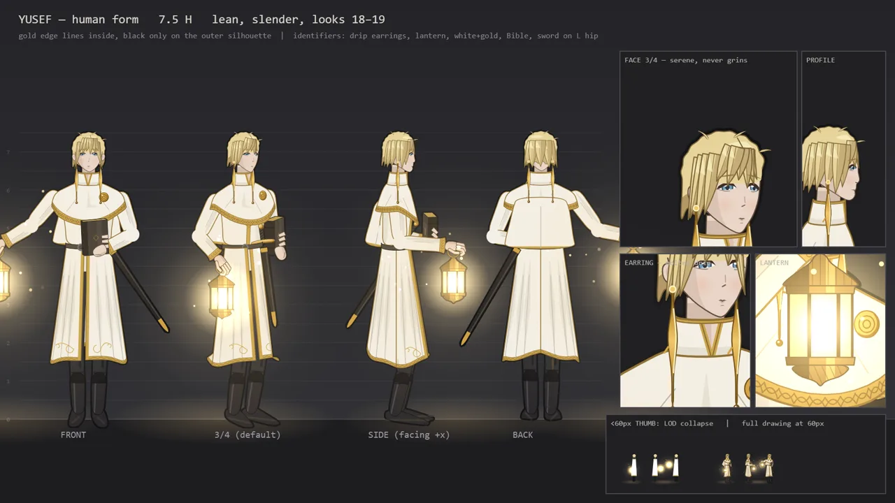 Yusef model sheet: white and gold coat, lantern, Bible, third arm with sword