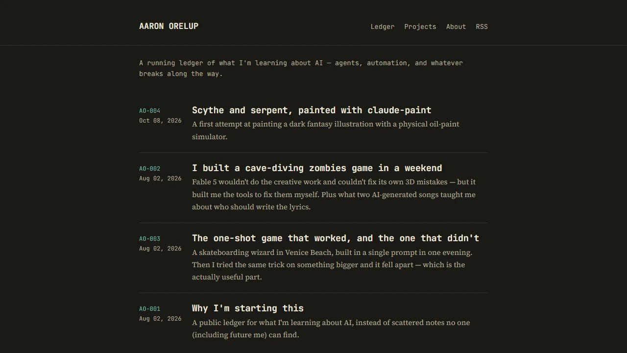 The homepage the branch served: AARON ORELUP in monospace over a list of four posts, AO-004 Scythe and serpent dated Oct 08 2026 above AO-002, AO-003 and AO-001 from August
