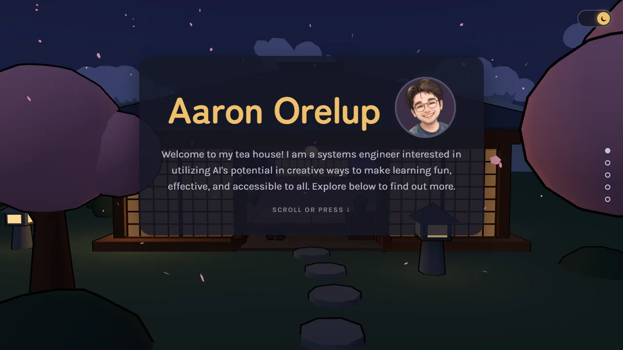 The homepage built from main: the night tea house scene with cherry trees, a lantern and the Aaron Orelup welcome card