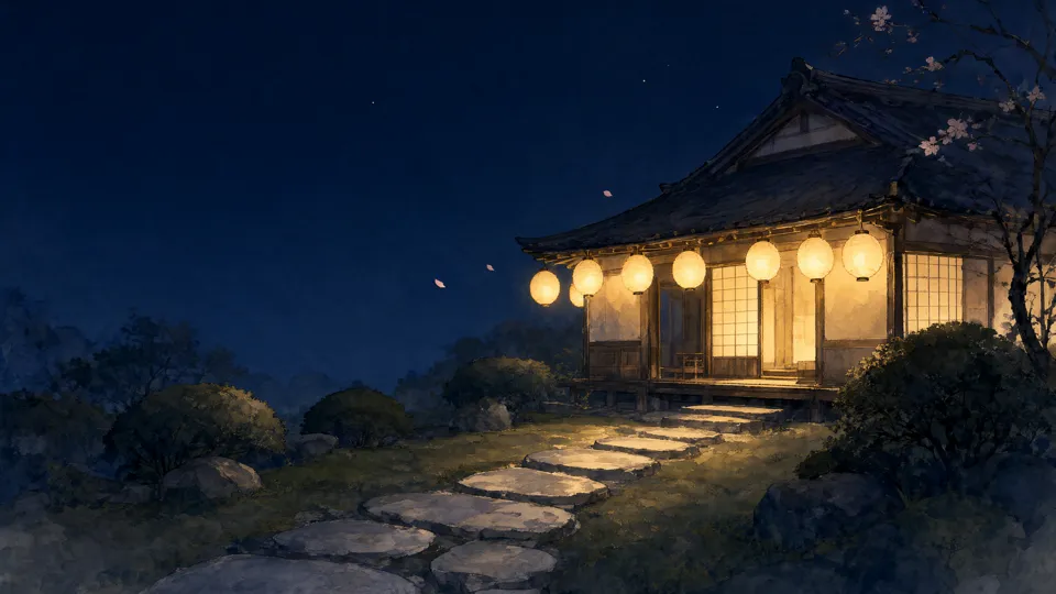 Painted tea house at night with lanterns and a stone path, candidate A seed 3101