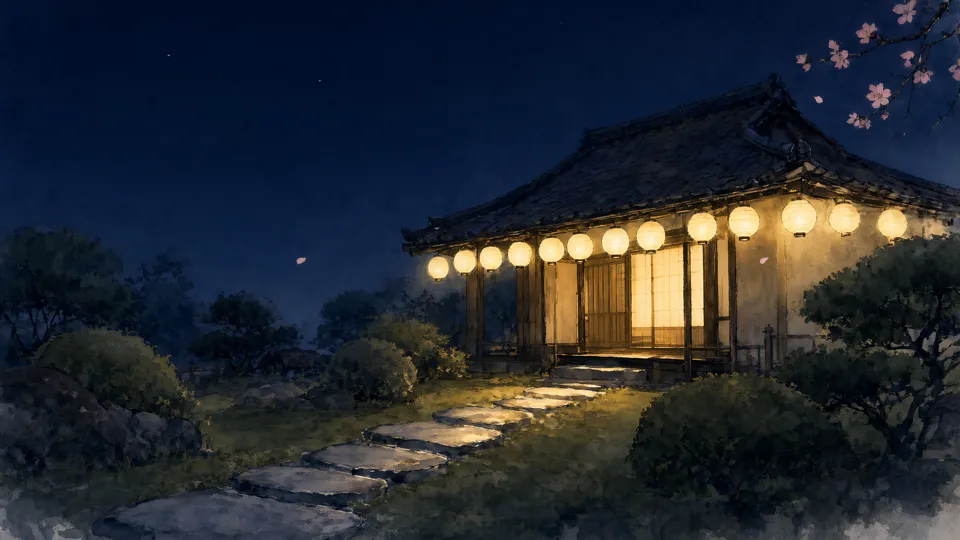 Painted tea house at night, candidate A seed 3102