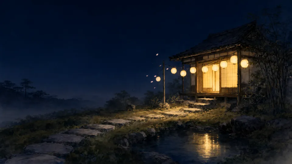 Painted tea house at night beside a pond, candidate B seed 3201