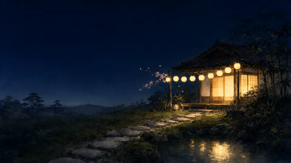 Painted tea house at night with a blossom sprig, candidate B seed 3202