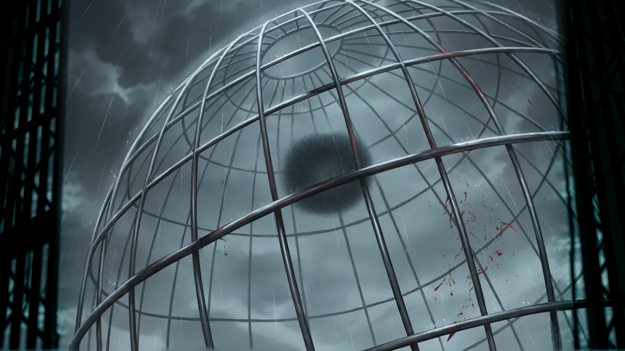 The agent's background plate: the cage is still in the sky, with a dark smudge and red spatter where Jefrie was