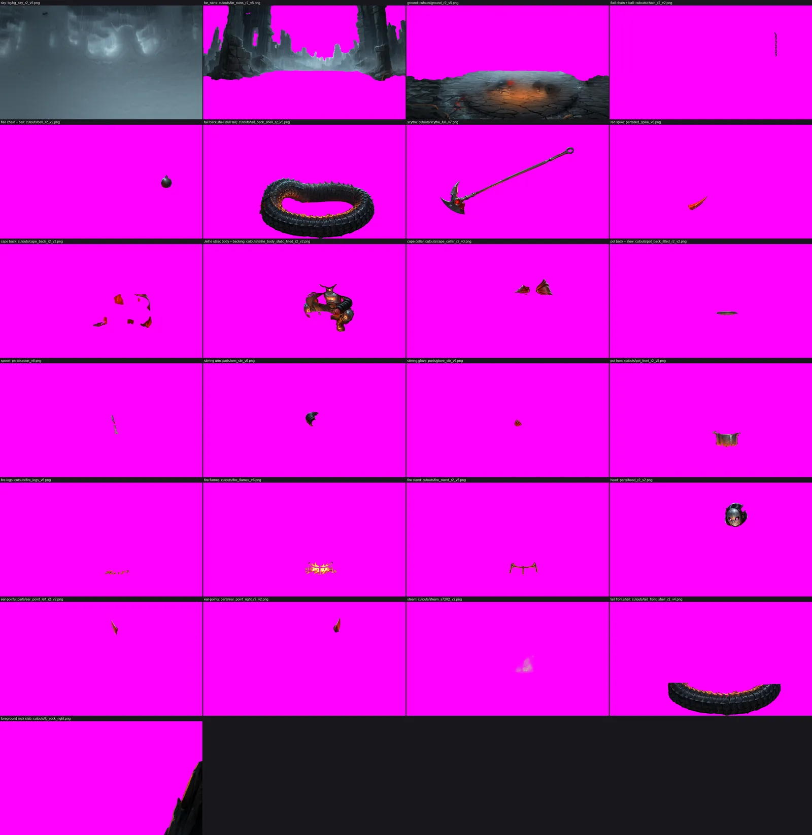 Contact sheet of every layer on magenta: sky, ruins, ground, chain, ball, tail shell, scythe, cape pieces, body, pot, arm, spoon, glove, fire, head, ear points, steam, front tail, rock