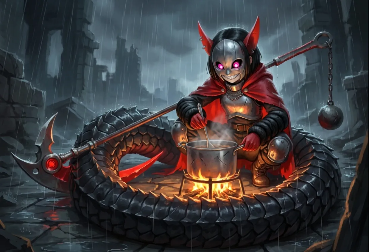 The source: Jefrie stirring a pot over a fire inside the coil of her tail, ruins and rain behind