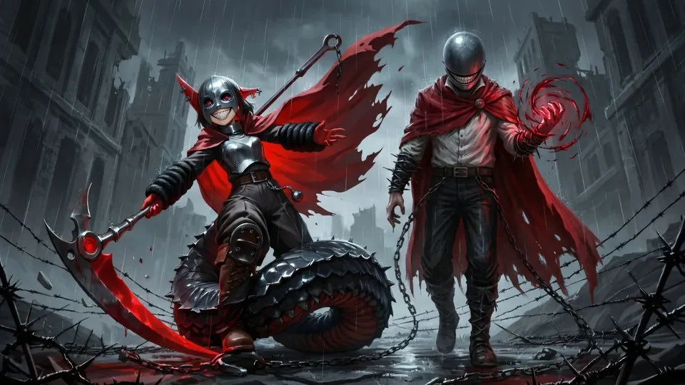 Jefrie and BloodTailor walking through ruins in the rain