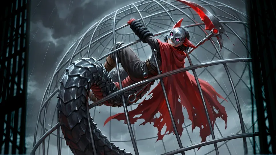 Jefrie climbing a steel cage dome in a storm