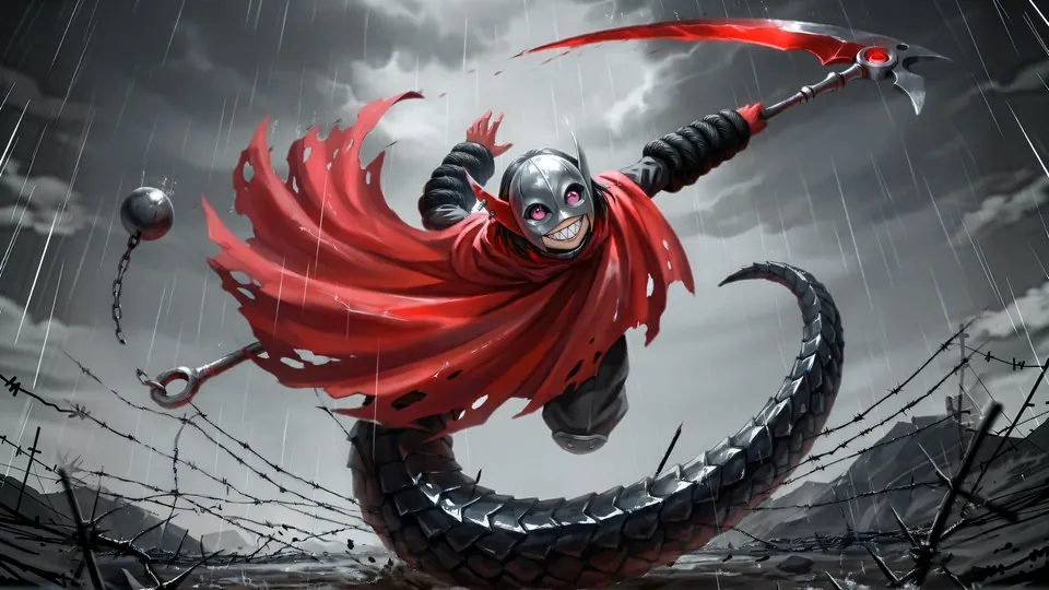 Jefrie mid-spin with her scythe and flail over barbed wire