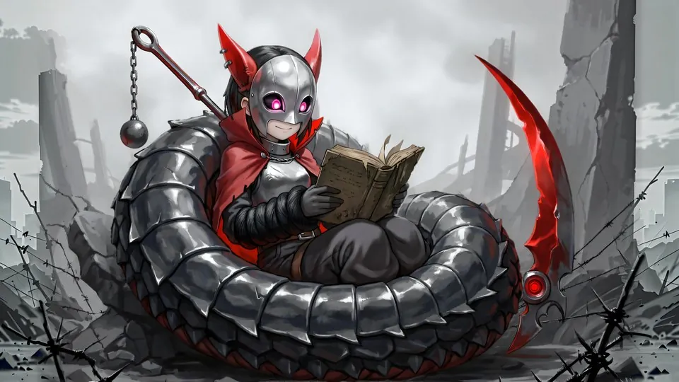Jefrie curled in her tail, reading a book in grey ruins
